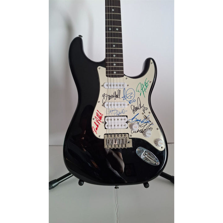 Bruce Hall, Dave Matto, Gary Richrath, Kevin Cronin, Neal Dought, REO Speedwago Fender Stratocaster Squier electric guitar signed with proof