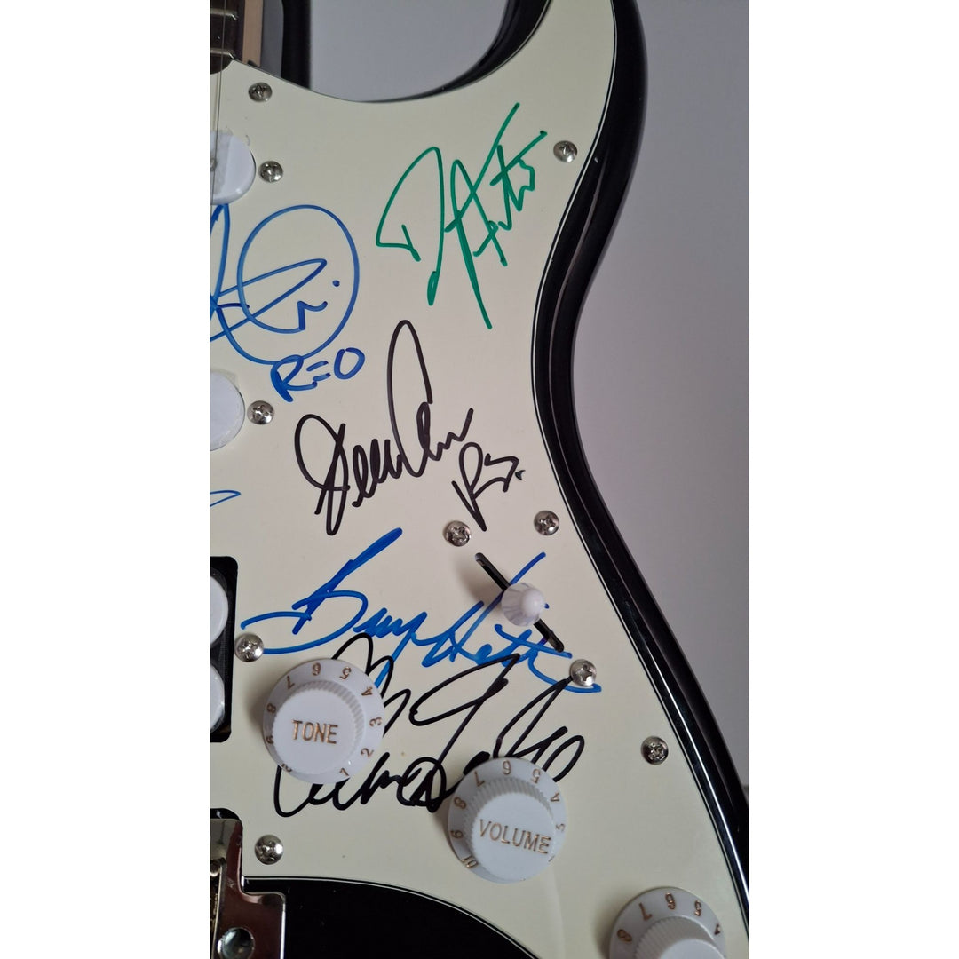 Bruce Hall, Dave Matto, Gary Richrath, Kevin Cronin, Neal Dought, REO Speedwago Fender Stratocaster Squier electric guitar signed with proof