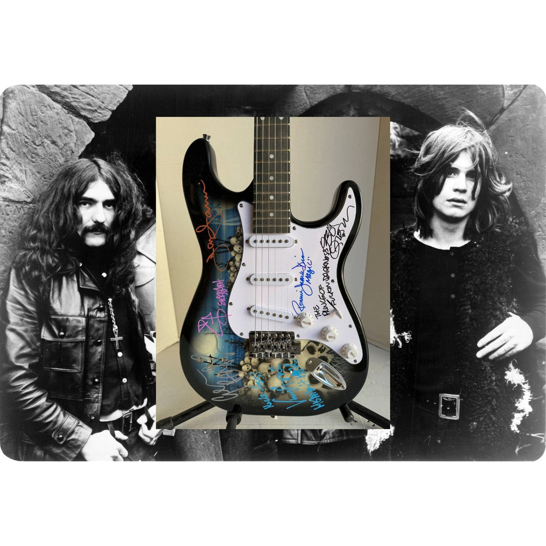 Black Sabbath Ronnie James Dio Ozzy Osbourne Tony Iommi Bill Ward Geezer Butler electric guitar signed with proof.