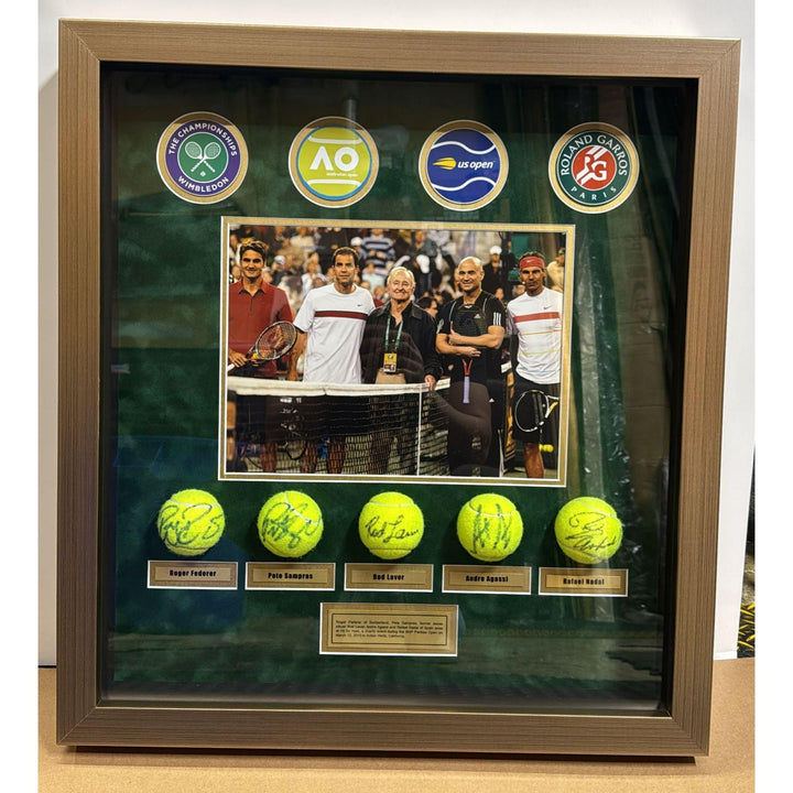 Tennis legends Roger Federer Pete Sampras Rafael Nadal Rod Laver & Andre Agassi signed Tennis balls with museum quality frame 25x27