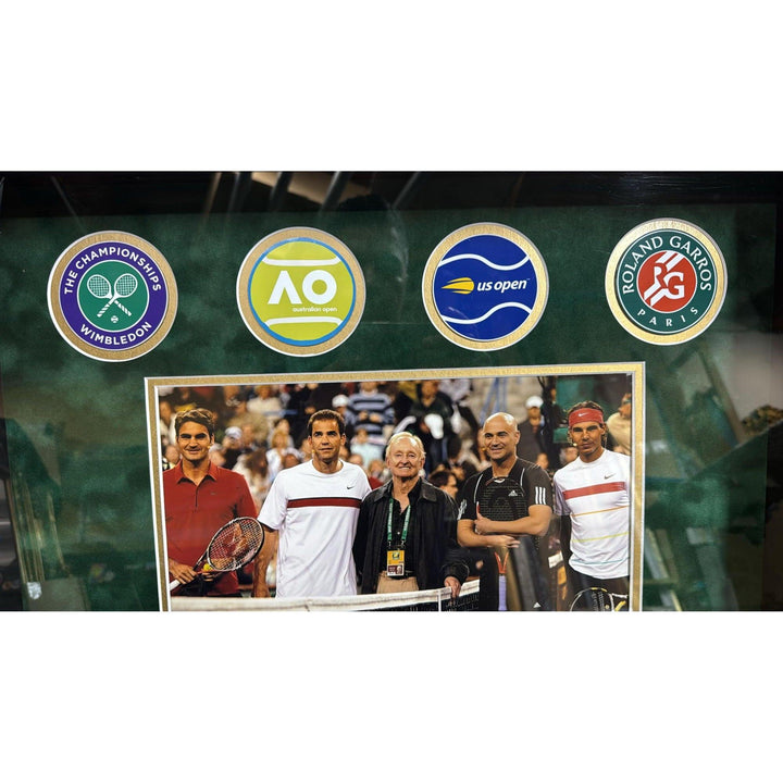 Tennis legends Roger Federer Pete Sampras Rafael Nadal Rod Laver & Andre Agassi signed Tennis balls with museum quality frame 25x27