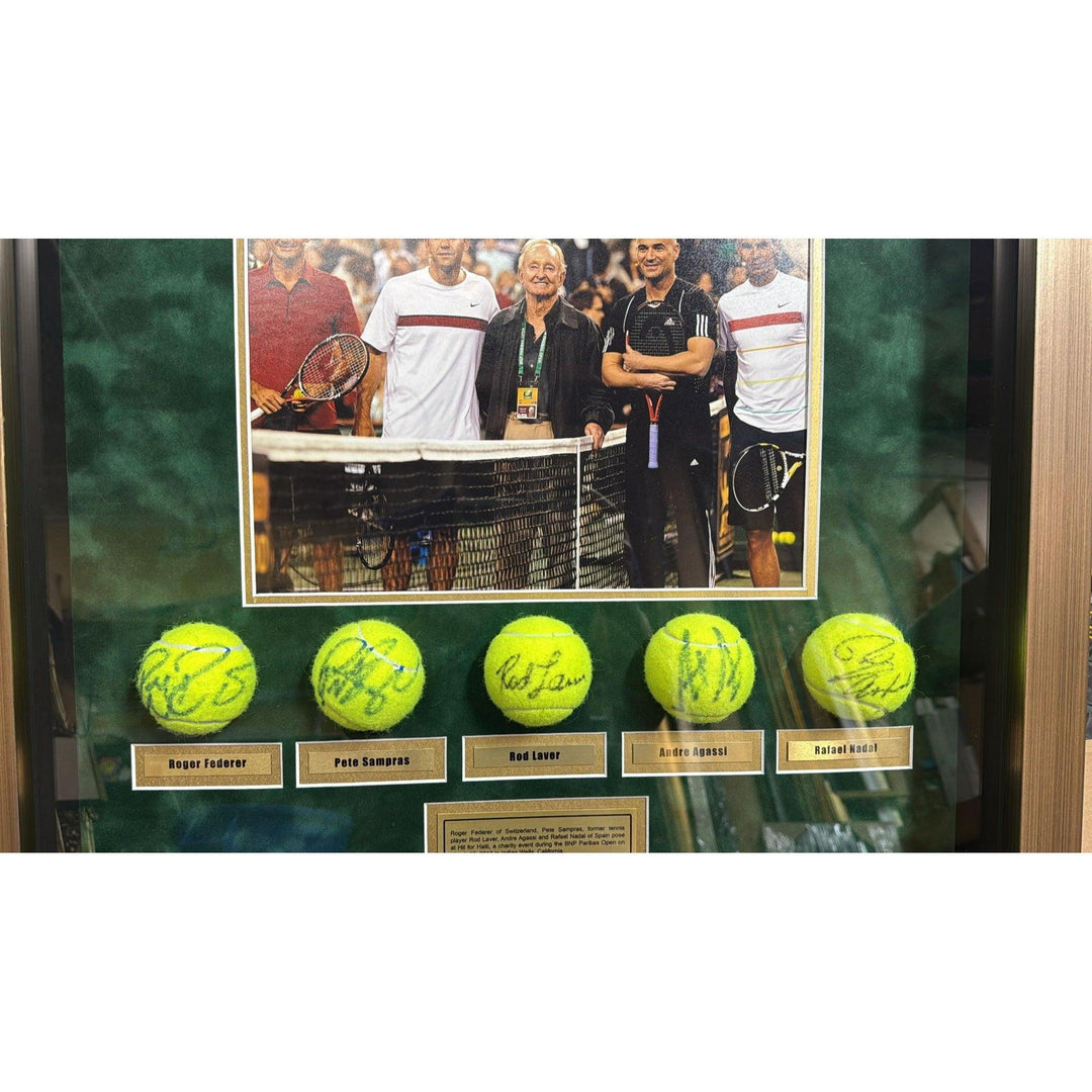 Tennis legends Roger Federer Pete Sampras Rafael Nadal Rod Laver & Andre Agassi signed Tennis balls with museum quality frame 25x27