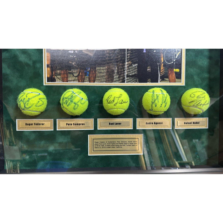 Tennis legends Roger Federer Pete Sampras Rafael Nadal Rod Laver & Andre Agassi signed Tennis balls with museum quality frame 25x27