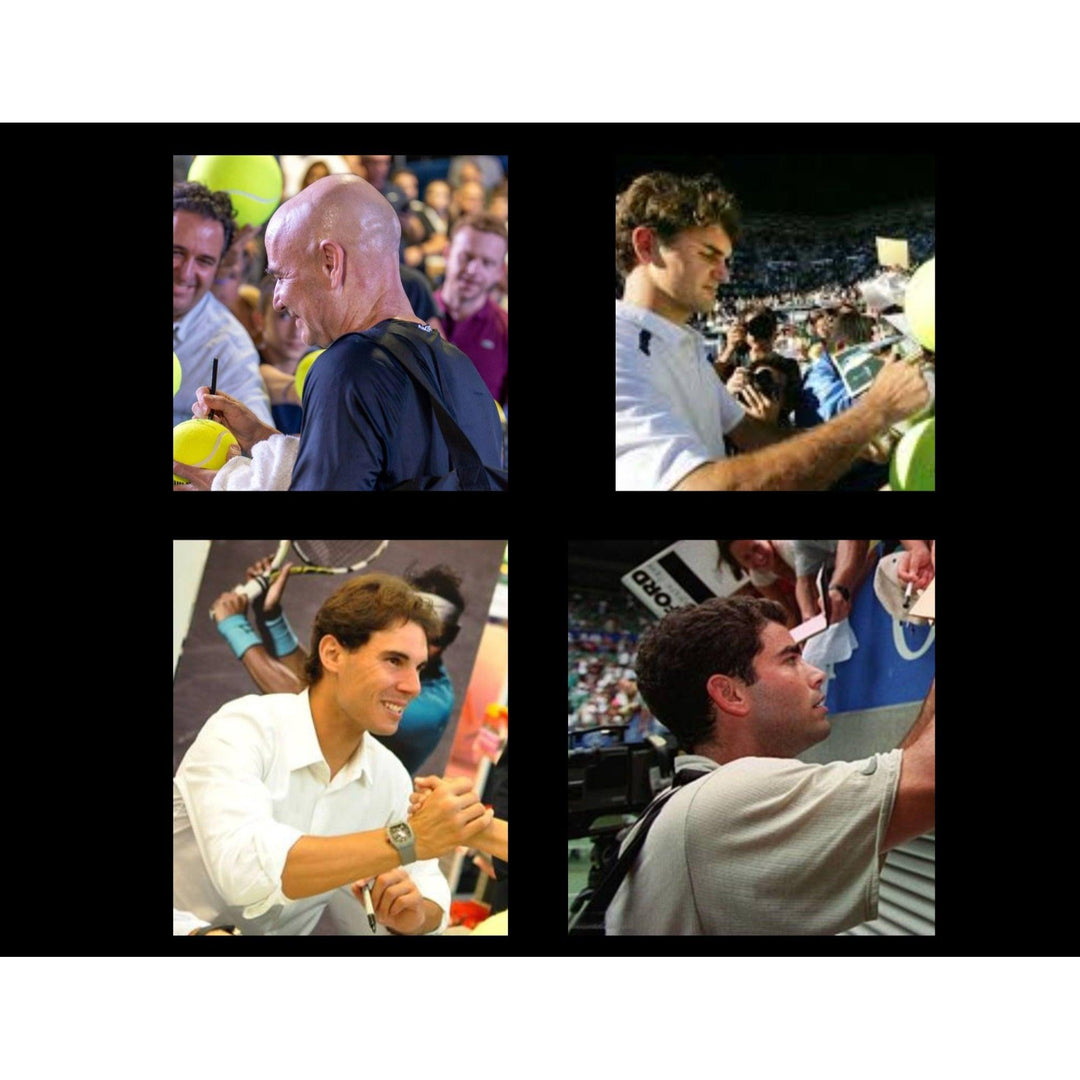 Tennis legends Roger Federer Pete Sampras Rafael Nadal Rod Laver & Andre Agassi signed Tennis balls with museum quality frame 25x27
