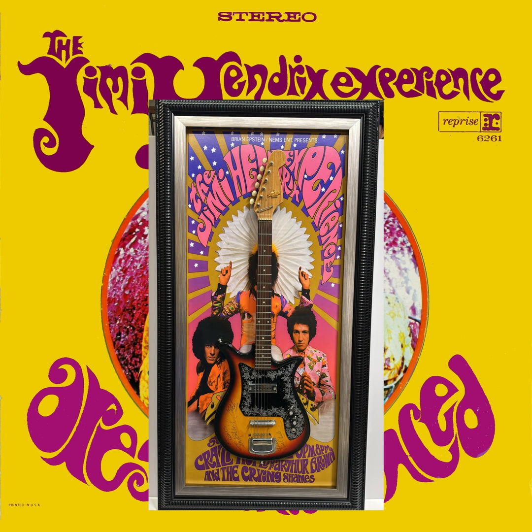 Jimi Hendrix, Noel Redding, Mitch Mitchell, Teisco Audition Kawai Zen-On electric guitar signed with proof and museum quality frame 27x52