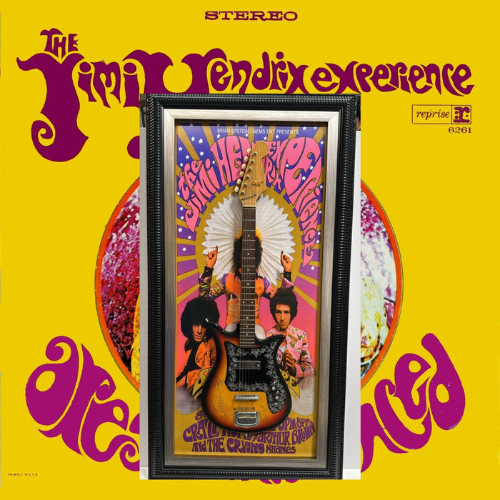 Jimi Hendrix, Noel Redding, Mitch Mitchell, Teisco Audition Kawai Zen-On electric guitar signed with proof and museum quality frame 27x52