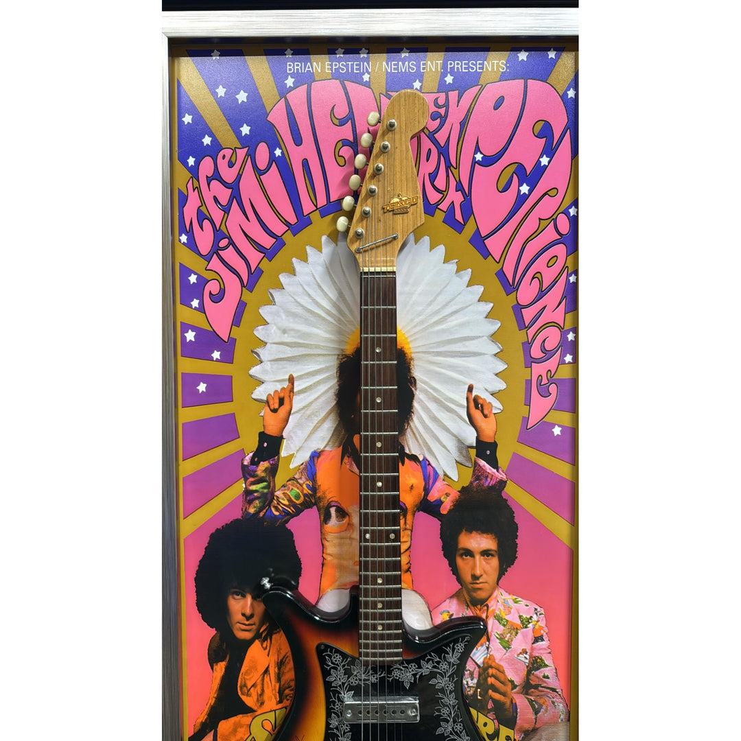 Jimi Hendrix, Noel Redding, Mitch Mitchell, Teisco Audition Kawai Zen-On electric guitar signed with proof and museum quality frame 27x52