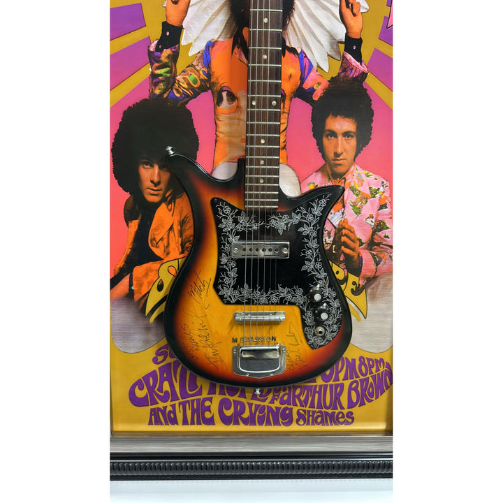 Jimi Hendrix, Noel Redding, Mitch Mitchell, Teisco Audition Kawai Zen-On electric guitar signed with proof and museum quality frame 27x52