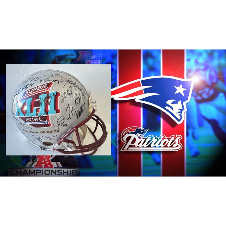 Superbowl XLII Riddell Pro authentic team signed helmet Wes Welker , Tom Brady, Bill Belachick, Teddy Bruschi, Randy Moss New England