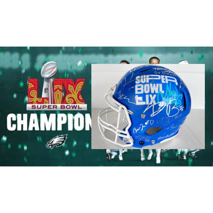 Super Bowl LIX 2025 Philadelphia Eagles pro game model helmet team signed with 40 plus signatures & signing proof .