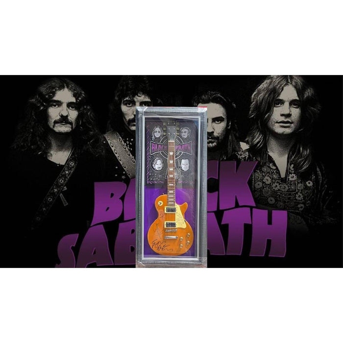Black Sabbath Ozzy Osbourne, Tony Iommi, Bill Ward, Geezer Butler full size electric guitar signed with proof and museum quality frame 21x46