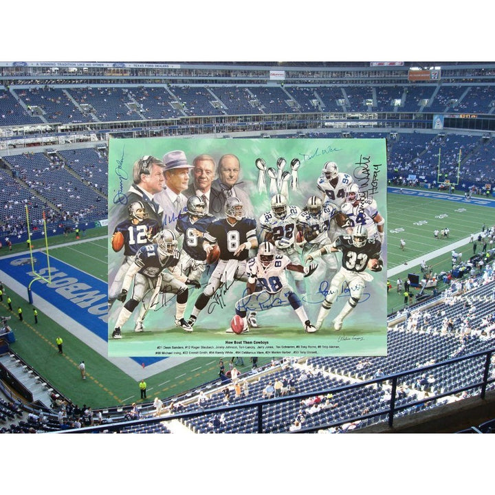 Dallas Cowboys Legends Roger Staubach, Deon Sanders Emmit Smith Troy Aiman, Tony Dorsett 16x20 photo signed with proof 12 in all.