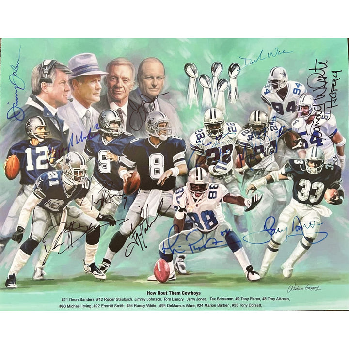Dallas Cowboys Legends Roger Staubach, Deon Sanders Emmit Smith Troy Aiman, Tony Dorsett 16x20 photo signed with proof 12 in all.