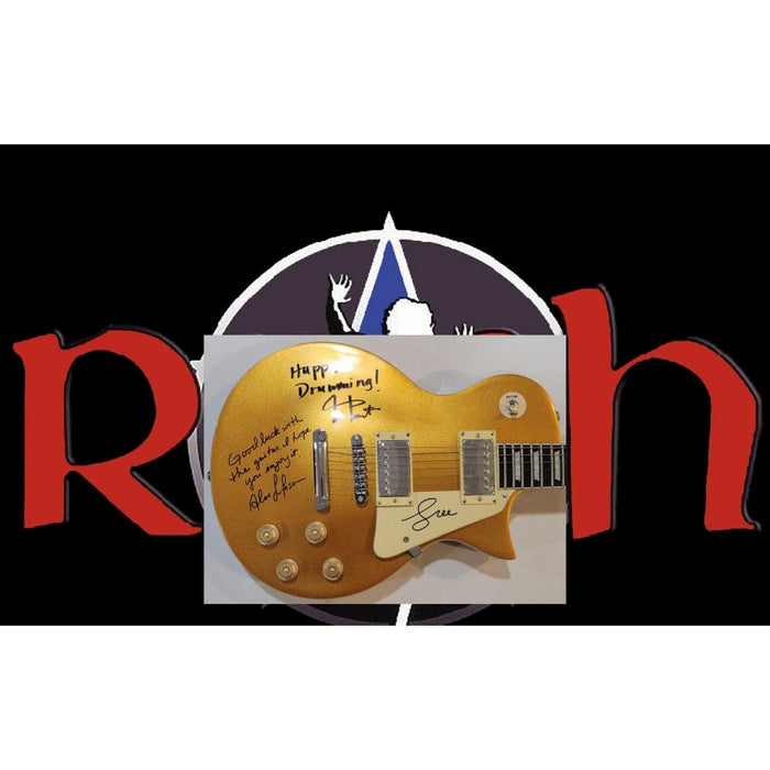 Neil Peart Alex Lifeson and Geddy Lee Rush Les Paul full size electric guitar signed with inscriptions and proof