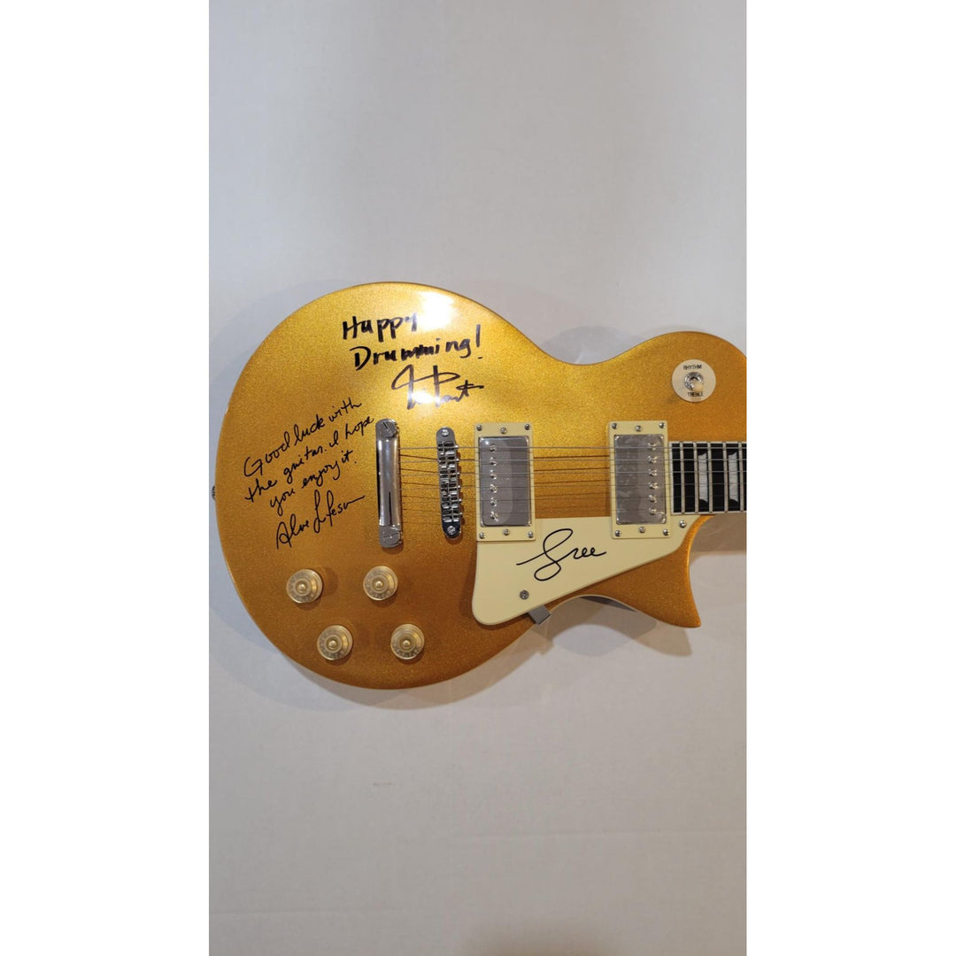Neil Peart Alex Lifeson and Geddy Lee Rush Les Paul full size electric guitar signed with inscriptions and proof - Awesome Artifacts