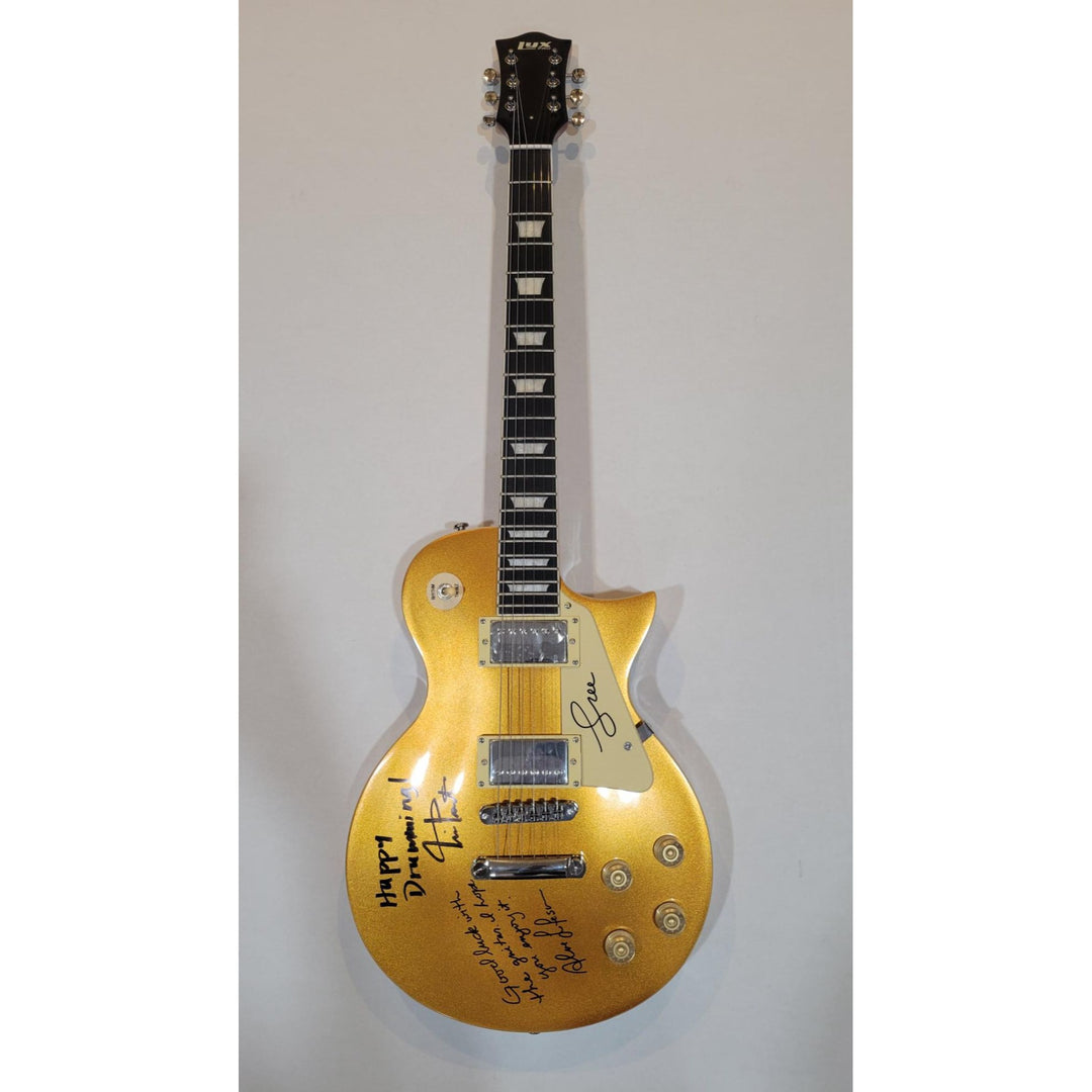 Neil Peart Alex Lifeson and Geddy Lee Rush Les Paul full size electric guitar signed with inscriptions and proof - Awesome Artifacts