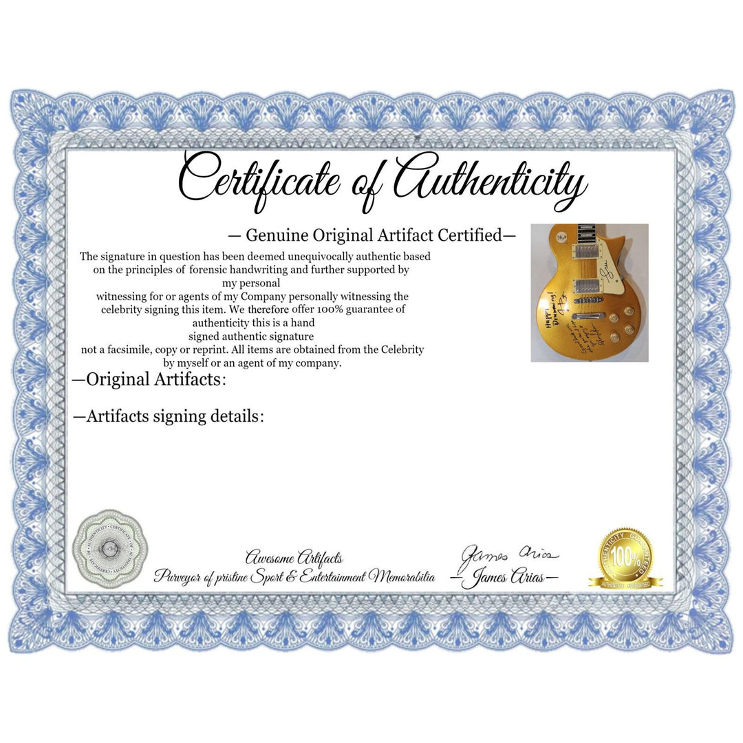 Neil Peart Alex Lifeson and Geddy Lee Rush Les Paul full size electric guitar signed with inscriptions and proof - Awesome Artifacts