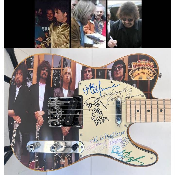 Traveling  Wilburys Roy Orbison Jeff Lynne Bob Dylan Tom Petty George Harrison full size electric guitar signed  with proof