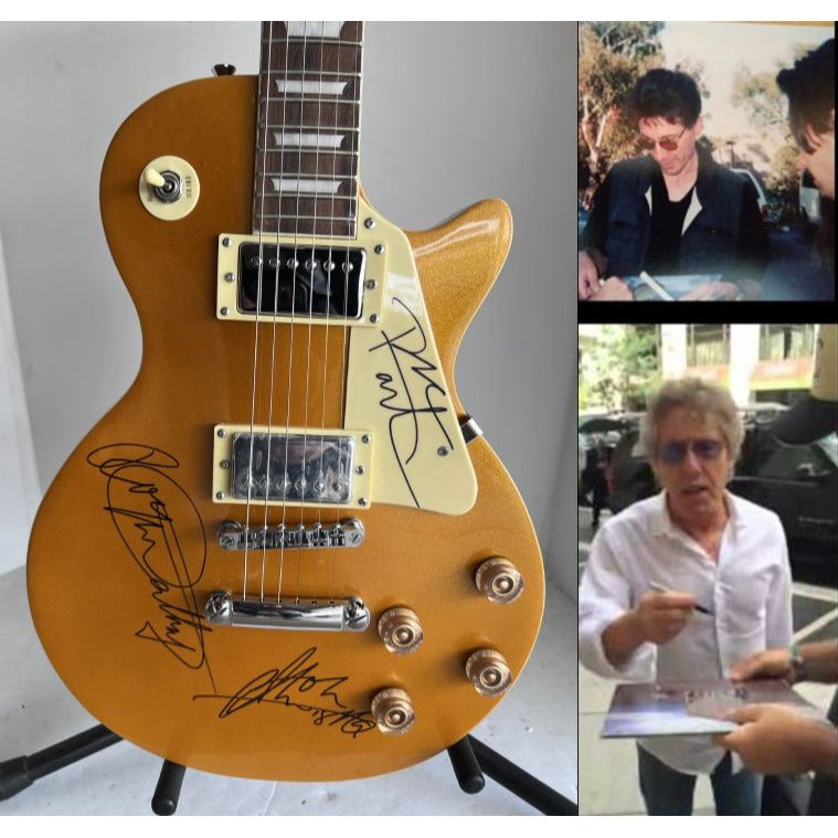 Pete Townshend Roger Daltrey John Entwistle "The Who" gold Les Paul electric guitar signed with proof