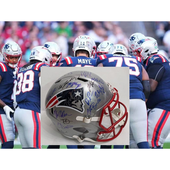 New England Patriots 2025 Drake Maye, Mike Vrabel, Kayshon Boutte, Hunter Henry, Stefon Diggs, Christian Gonzalez, team signed helmet