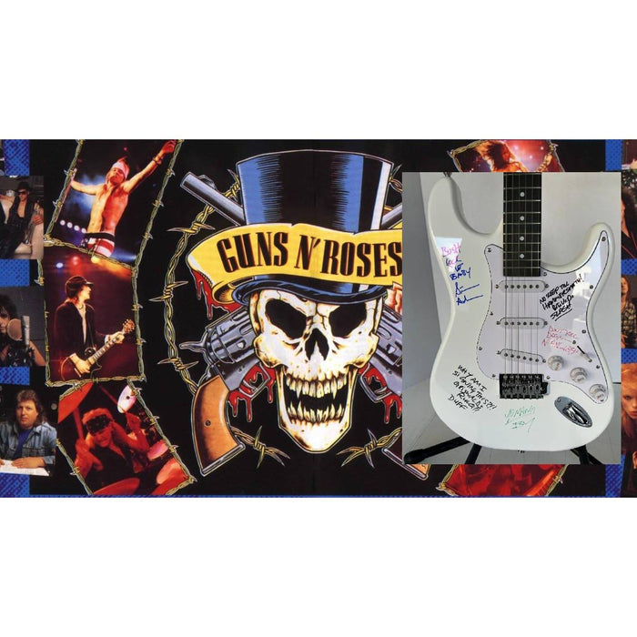 Vintage Guns N Roses signed electric guitar with inscriptions Axl Rose, Slash, Duff McKagan, Steven Adler,  Izzy Stradlin, signed with proof