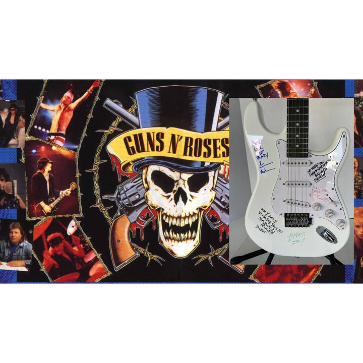Vintage Guns N Roses signed electric guitar with inscriptions Axl Rose, Slash, Duff McKagan, Steven Adler,  Izzy Stradlin, signed with proof