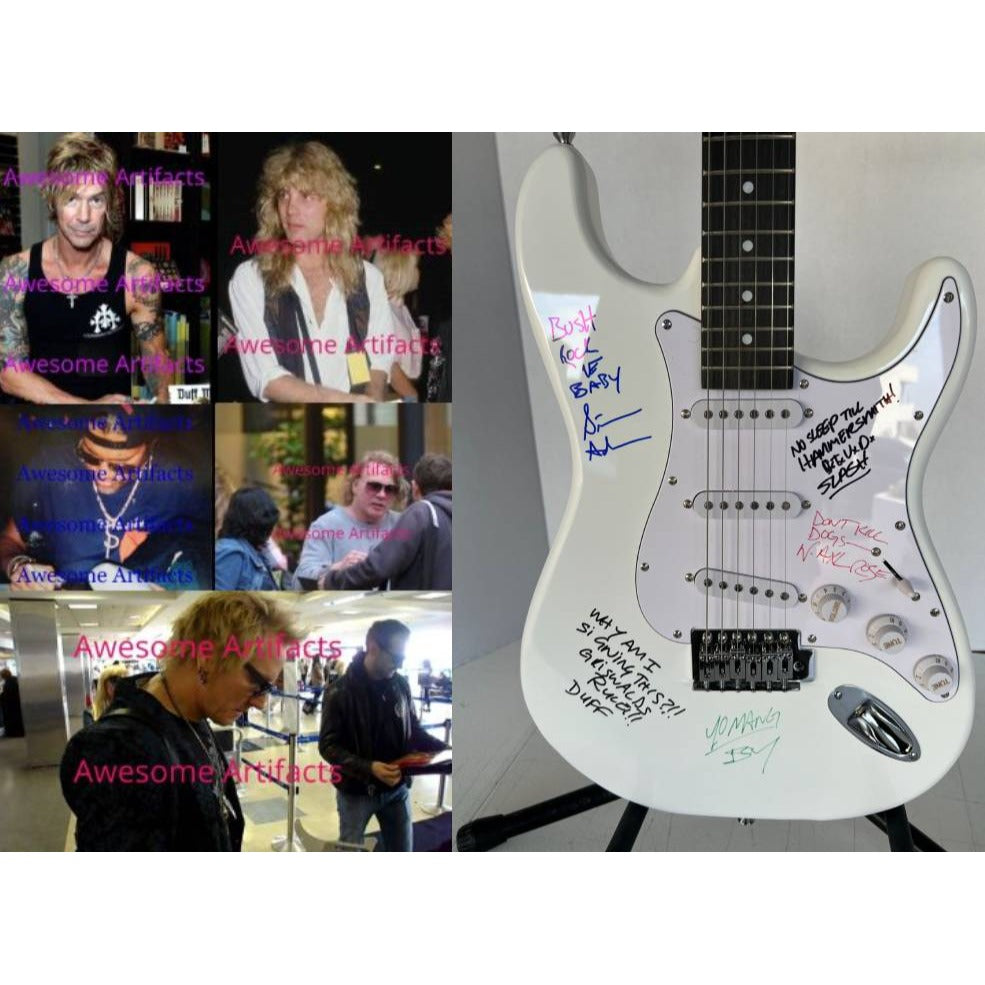 Vintage Guns N Roses signed electric guitar with inscriptions Axl Rose, Slash, Duff McKagan, Steven Adler,  Izzy Stradlin, signed with proof