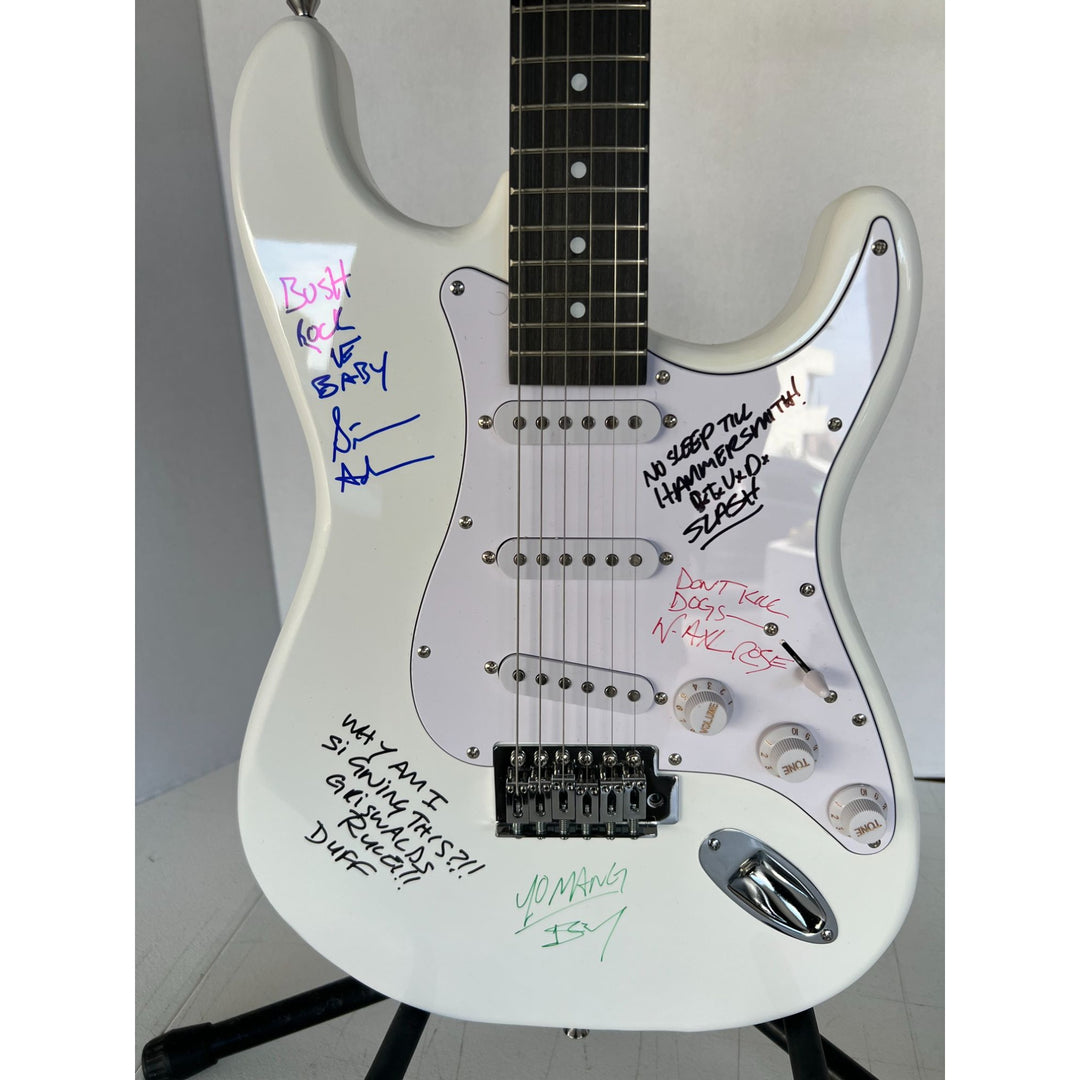 Vintage Guns N Roses signed electric guitar with inscriptions Axl Rose, Slash, Duff McKagan, Steven Adler,  Izzy Stradlin, signed with proof