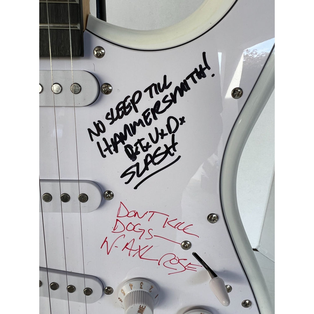 Vintage Guns N Roses signed electric guitar with inscriptions Axl Rose, Slash, Duff McKagan, Steven Adler,  Izzy Stradlin, signed with proof