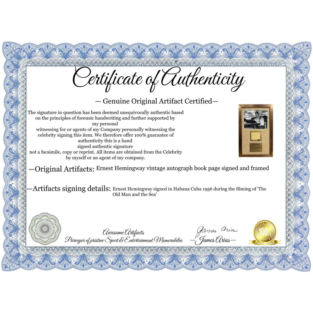 Ernest Hemingway vintage autograph book page signed with proof and museum quality frame 