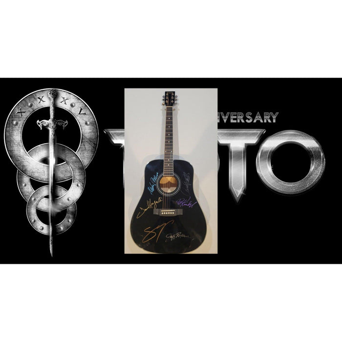 TOTO Steve Lukather, David Paich, Jeff Porcaro, Steve Porcaro, David Hungate and Bobby Kimball full size acoustic guitar signed with proof
