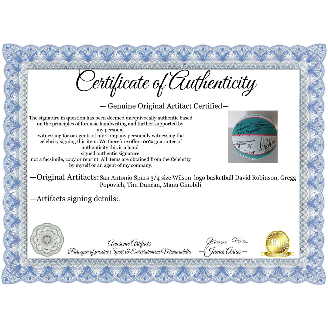 San Antonio Spurs 3/4 size Wilson logo basketball David Robinson, Gregg Popovich, Tim Duncan, Manu Ginobili signed with proof