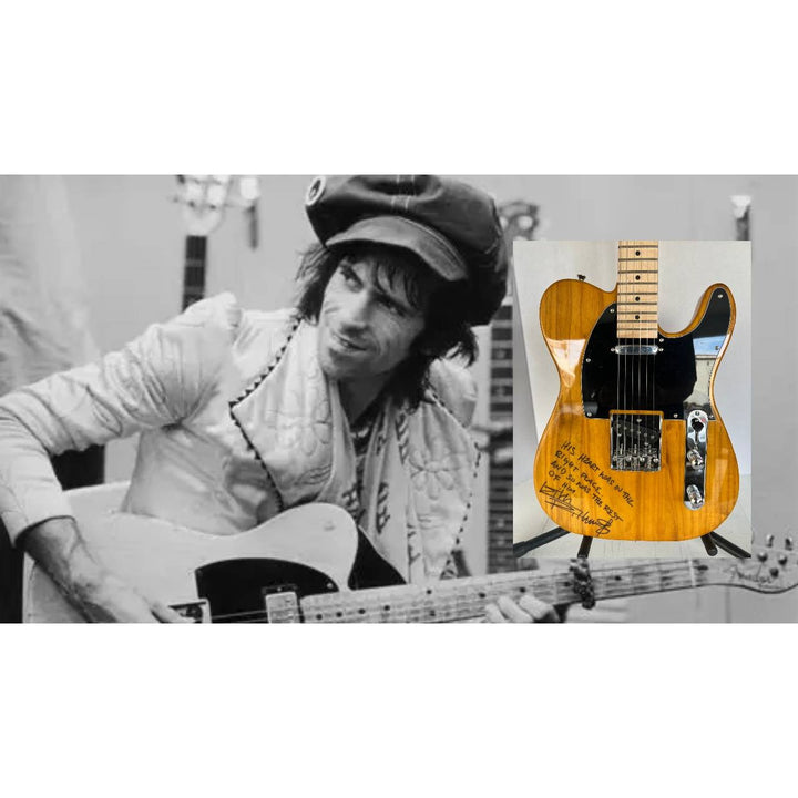 Keith Richards signed and inscribed  wood grain Telecaster electric guitar signed with proof.