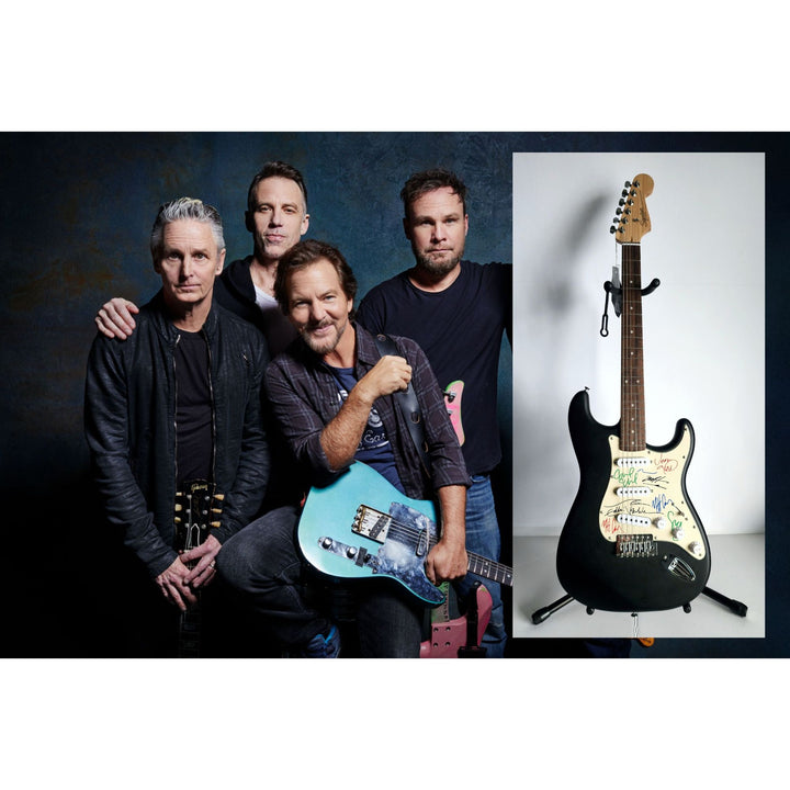 Eddie Vedder, Stone Gossard, Matt McCready, Matt Cameron, Jeff Amen, Pearl Jam, Fender Stratocaster Squier electric guitar signed with proof