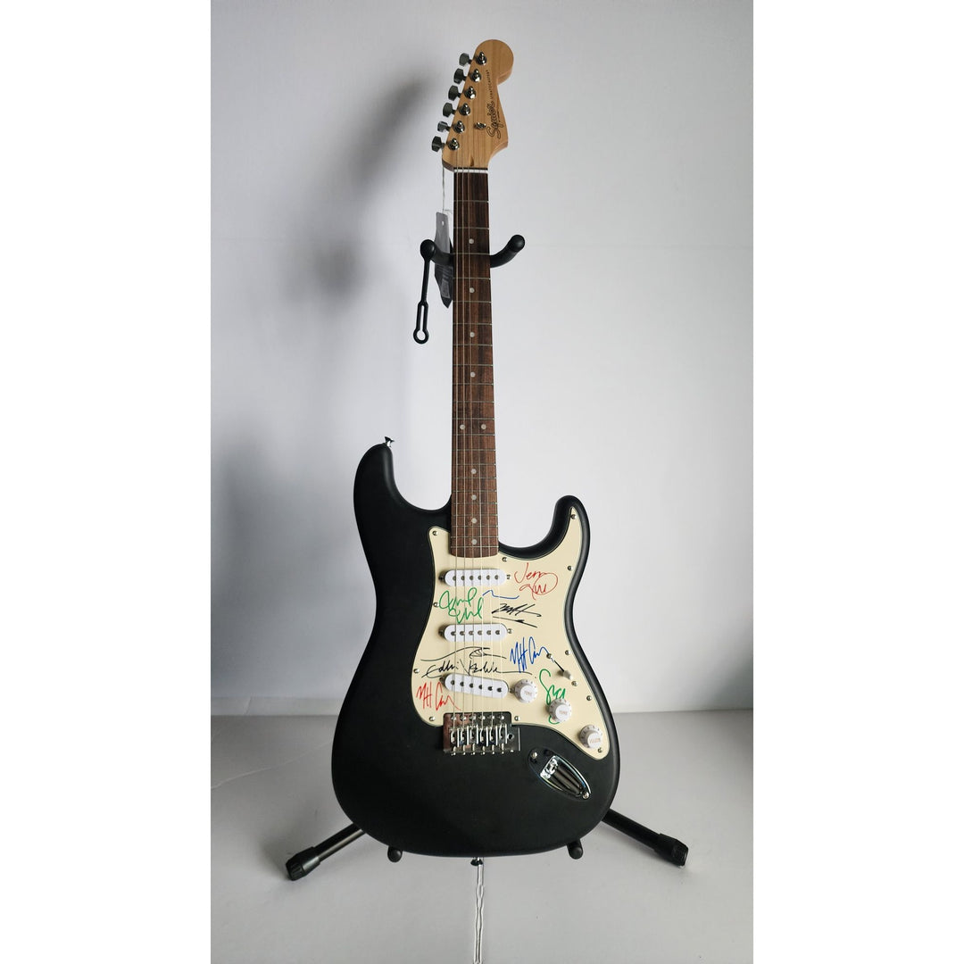Eddie Vedder, Stone Gossard, Matt McCready, Matt Cameron, Jeff Amen, Pearl Jam, Fender Stratocaster Squier electric guitar signed with proof