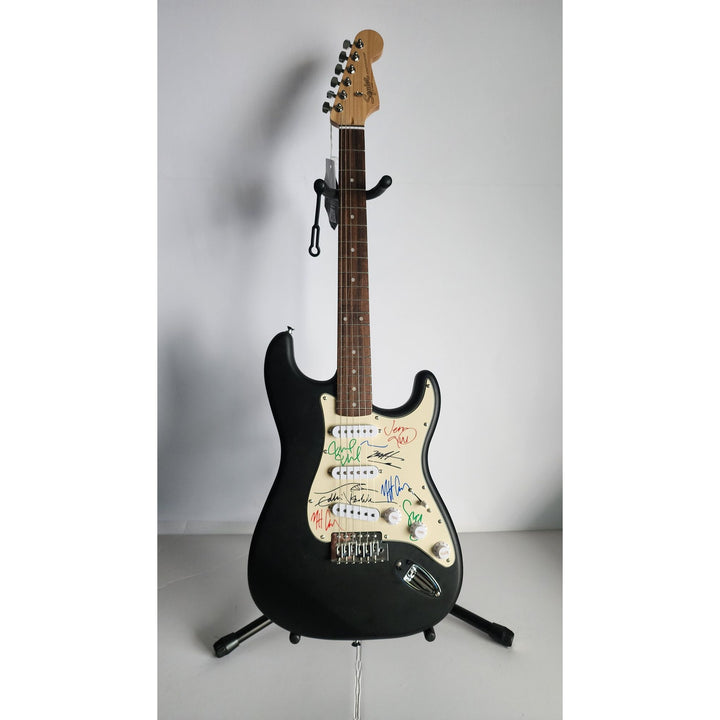Eddie Vedder, Stone Gossard, Matt McCready, Matt Cameron, Jeff Amen, Pearl Jam, Fender Stratocaster Squier electric guitar signed with proof