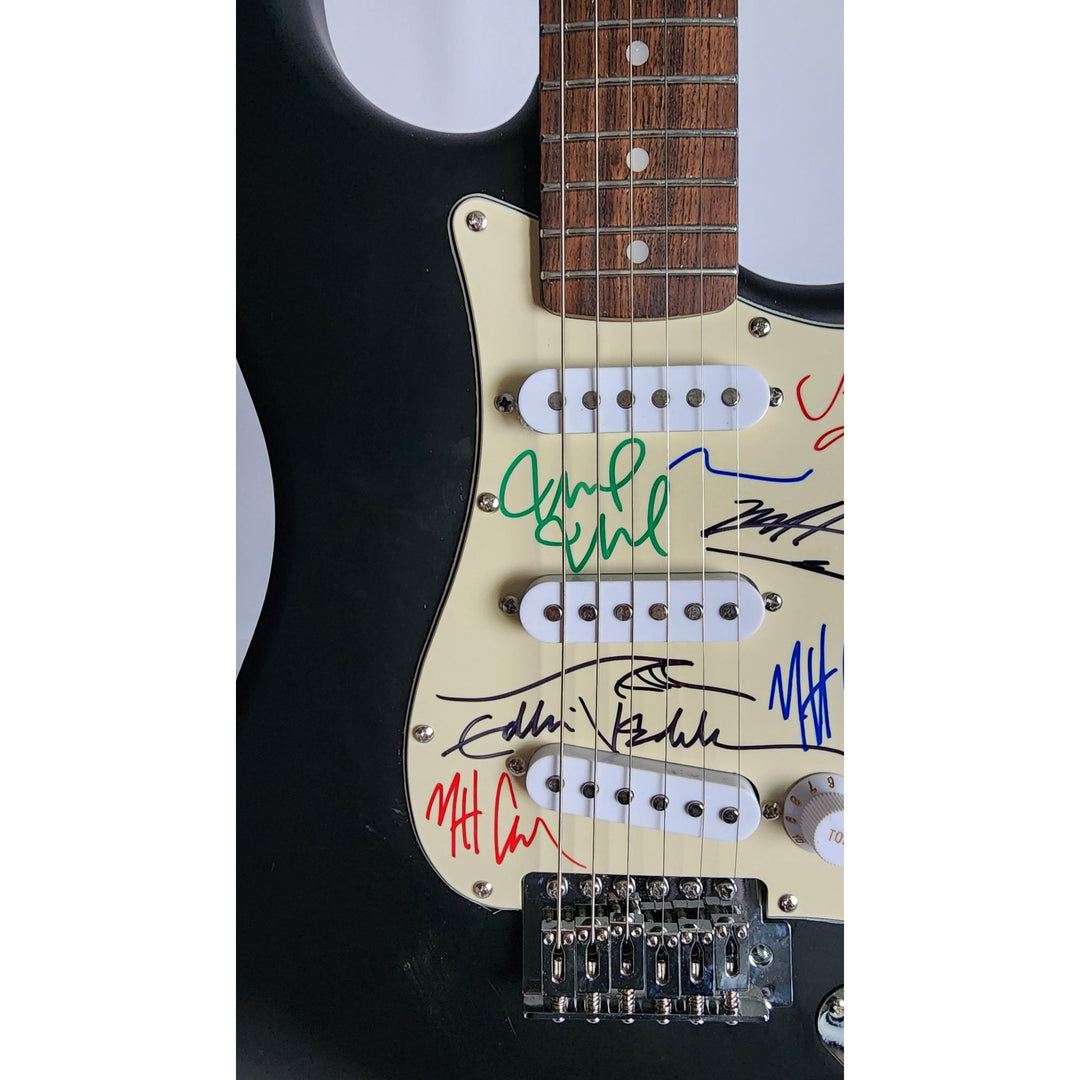 Eddie Vedder, Stone Gossard, Matt McCready, Matt Cameron, Jeff Amen, Pearl Jam, Fender Stratocaster Squier electric guitar signed with proof