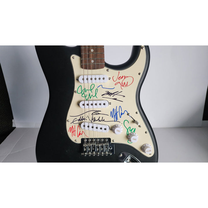 Eddie Vedder, Stone Gossard, Matt McCready, Matt Cameron, Jeff Amen, Pearl Jam, Fender Stratocaster Squier electric guitar signed with proof