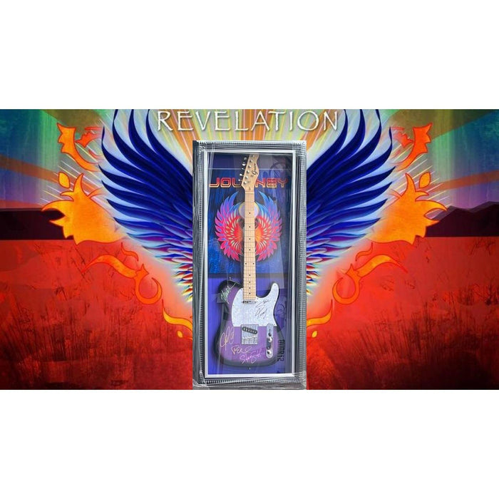 Journey Steve Perry, Neal Schon, Steve Smith, Ross Valory, Jonathan Cain full size electric guitar signed and framed 21x46 with proof