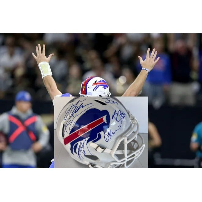 Buffalo Bills Josh Allen Dawson Knox  Khalil Shakir Amari Cooper Gabe Davis James Cook full size helmet signed with proof.