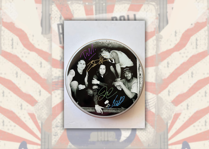 Zach De La Rocha, Tom Morello, Rage Against the Machine one-of-a-kind drumhead signed with proof