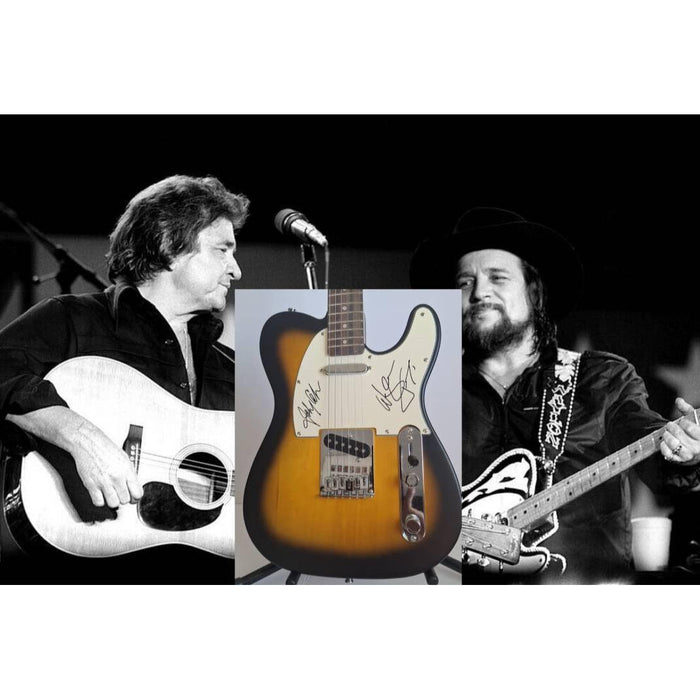 Johnny Cash and Waylon Jennings Fender telecaster electric guitar signed with proof