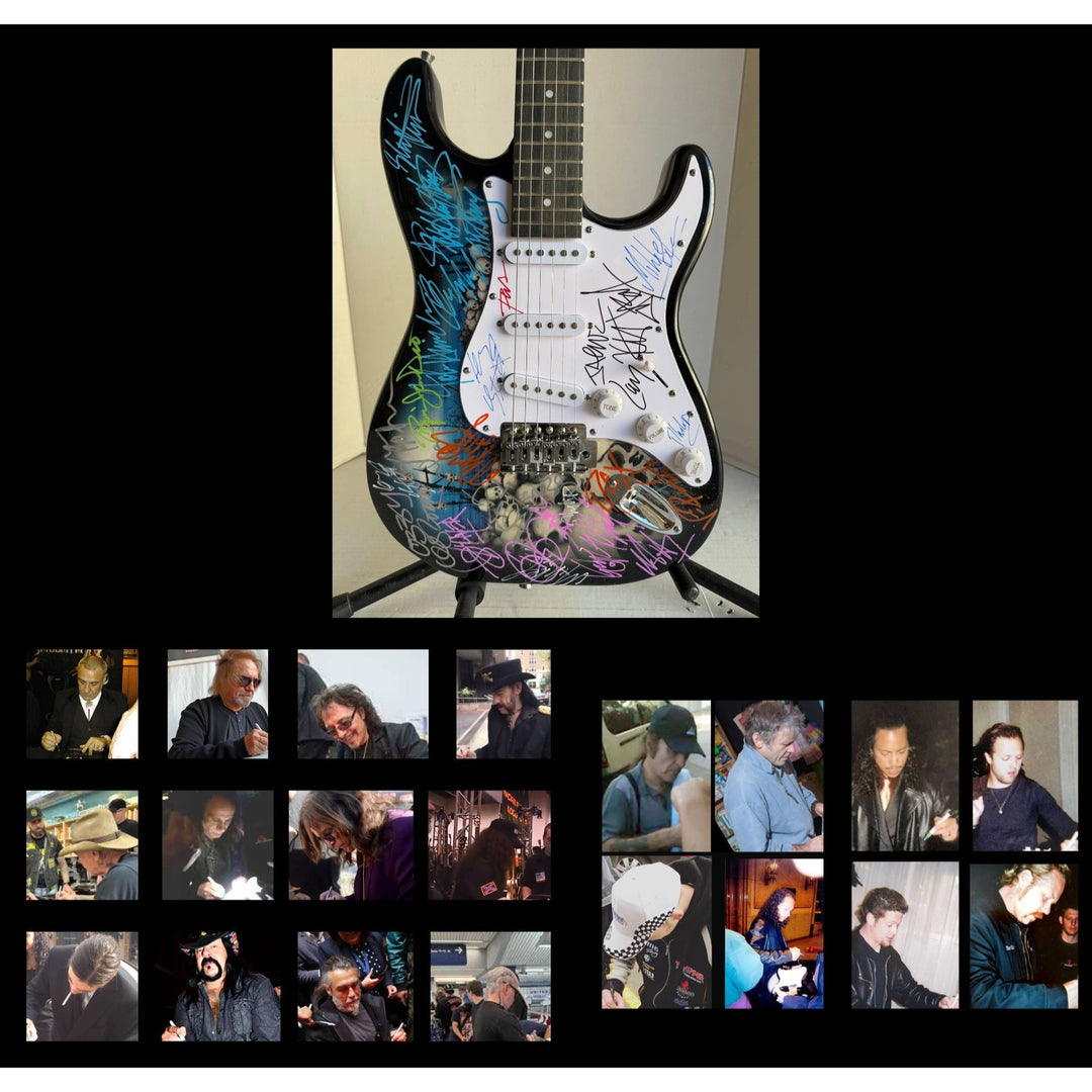 Heavy Metals Greatest bands Metallica Iron Maiden judas priest Black Sabbath Pantera electric guitar signed with proof.