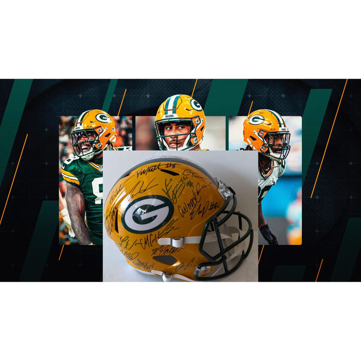 Green Bay Packers 2025 team helmet 35 plus Jordan Love Micah Parsons, Josh Jacobs, Romeo Doubs, Riddell full size helmet signed with proof