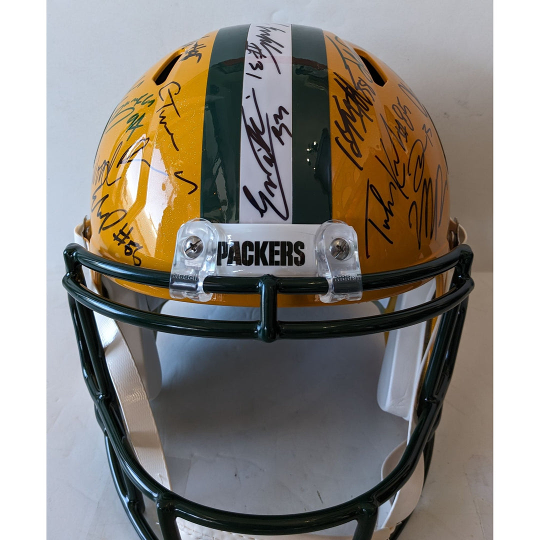 Green Bay Packers 2025 team helmet 35 plus Jordan Love Micah Parsons, Josh Jacobs, Romeo Doubs, Riddell full size helmet signed with proof