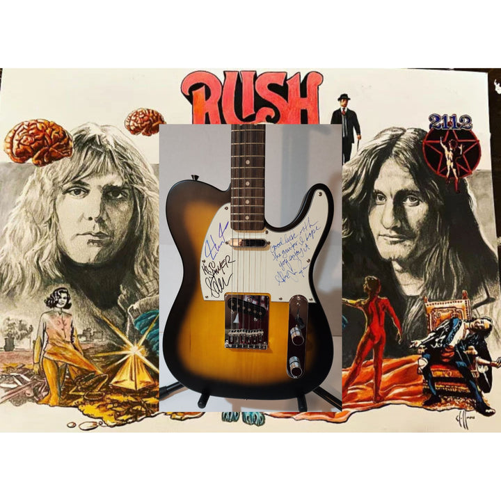 Rush full band Alex, Geddy  (inscription), Neil  Fender telecaster full size electric guitar signed with proof