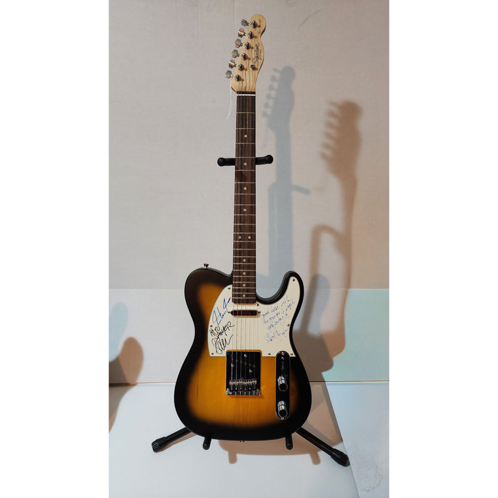 Rush full band Alex, Geddy  (inscription), Neil  Fender telecaster full size electric guitar signed with proof