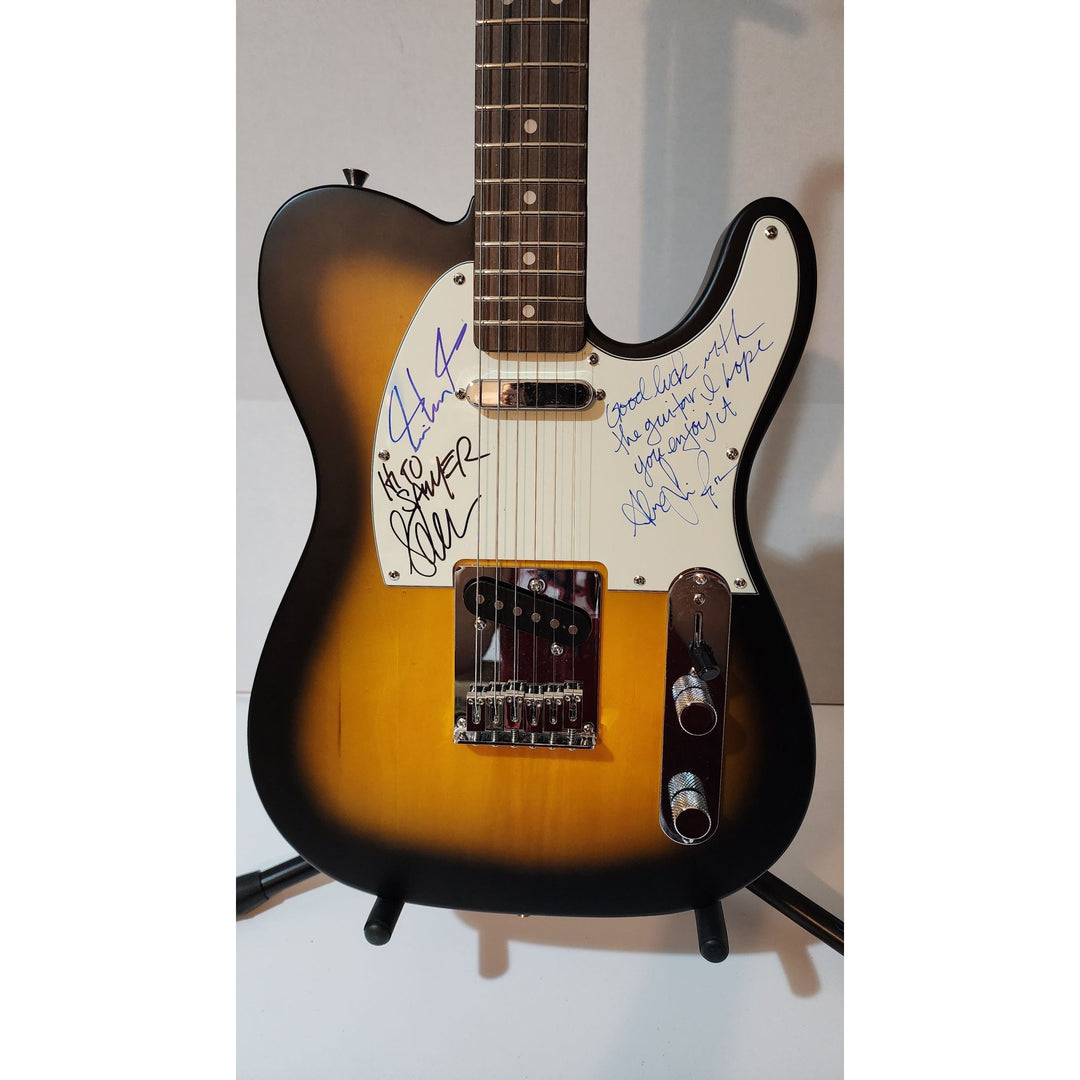 Rush full band Alex, Geddy  (inscription), Neil  Fender telecaster full size electric guitar signed with proof