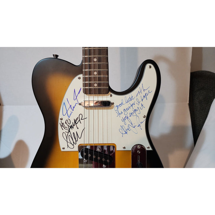 Rush full band Alex, Geddy  (inscription), Neil  Fender telecaster full size electric guitar signed with proof