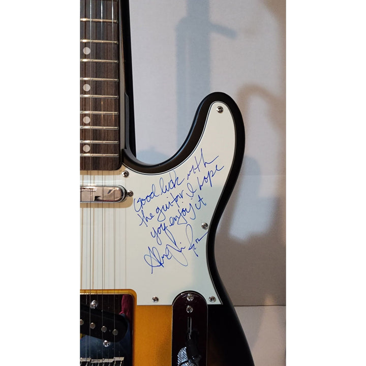 Rush full band Alex, Geddy  (inscription), Neil  Fender telecaster full size electric guitar signed with proof